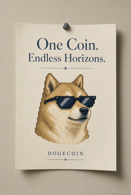 A vintage-style poster featuring a pixelated Shiba Inu wearing sunglasses with the text 'One Coin. Endless Horizons.' and 'DOGECOIN'.