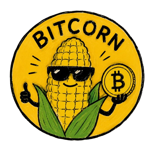 A circular yellow badge or logo featuring a cartoon corn cob wearing black sunglasses, giving a thumbs-up and holding a Bitcoin symbol, with 'BITCORN' written above.