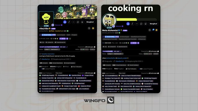 Two smartphone mockups displaying Telegram channel interfaces: 'vide/vibe' with crypto/NFT content on the left and 'Meta Alchemist' under 'cooking rn' branding on the right, branded with 'WINGFO' logo.