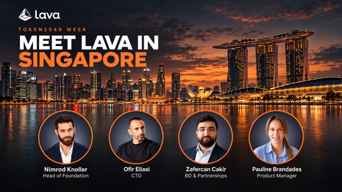 A promotional banner for 'Lava' announcing 'MEET LAVA IN SINGAPORE' during Token2049 Week, featuring the Singapore skyline and headshots of team members Nimrod Knoller, Ofir Eliasi, Zafercan Cakir, and Pauline Brandes.