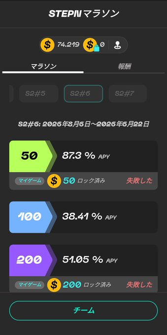 Screenshot of the STEPN Marathon app showing Season 2 #6 (2026年6月6日~2026年6月22日) with a balance of $74,219 and tiered APY rewards of 87.3%, 38.41%, and 51.05% for $50, $100, and $200 locked amounts.
