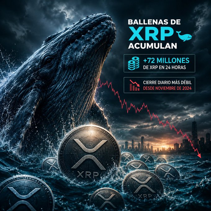 A dramatic promotional graphic in Spanish titled 'BALLENAS DE XRP ACUMULAN' shows a whale emerging from stormy waters alongside XRP coins, with text noting '+72 MILLONES DE XRP EN 24 HORAS' and 'CIERRE DIARIO MÁS DÉBIL DESDE NOVIEMBRE DE 2024', accompanied by a red downward trend line.