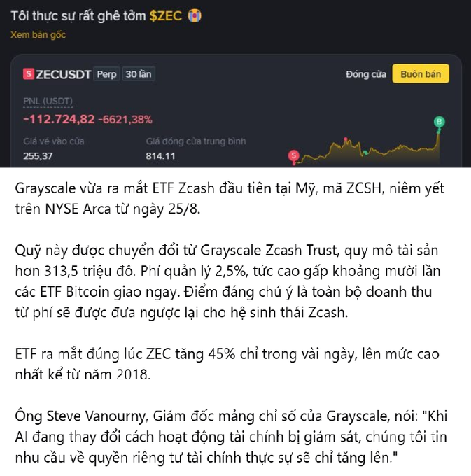 A Vietnamese financial post titled 'Tôi thực sự rất ghê tởm $ZEC' showing a ZECUSDT Perp trading position with a massive loss of -112,724.82 USDT (-6621.38%), accompanied by news about Grayscale launching the first US Zcash ETF (ZCSH) on NYSE Arca, causing ZEC to surge 45%.
