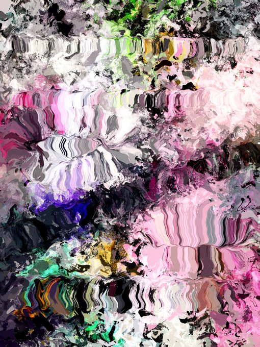 An abstract digital art piece featuring distorted, wavy patterns in shades of pink, green, black, white, and purple.