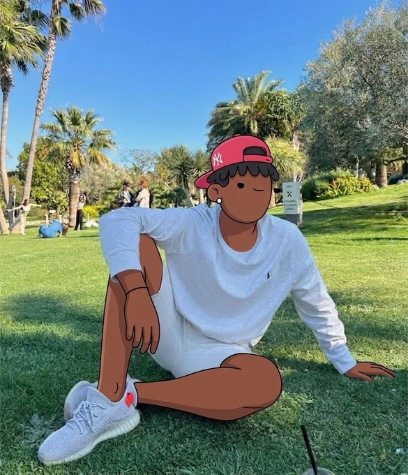An illustration overlay on a photo of a person sitting on grass in a park with palm trees, featuring a cartoon character with a red cap, white long-sleeve shirt, and white sneakers.