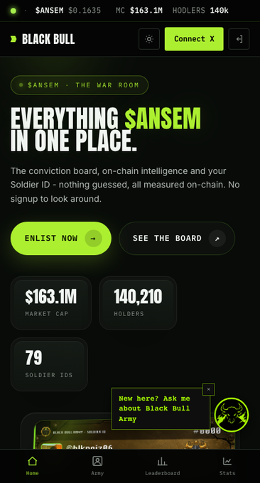A promotional webpage for SANSEM token shows $163.1M market cap and 140,210 holders, with 'Black Bull' branding and an 'ENLIST NOW' button.