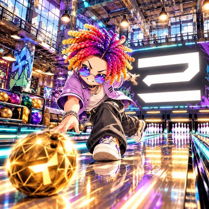 A vibrant digital illustration of an anime-style character with rainbow-colored twisted hair and sunglasses, rolling a geometric glowing bowling ball down a neon-lit alley.