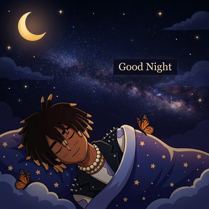 An illustration of a character with dreadlocks sleeping peacefully under a starry blanket with butterflies nearby, set against a night sky with a crescent moon and the text 'Good Night'.