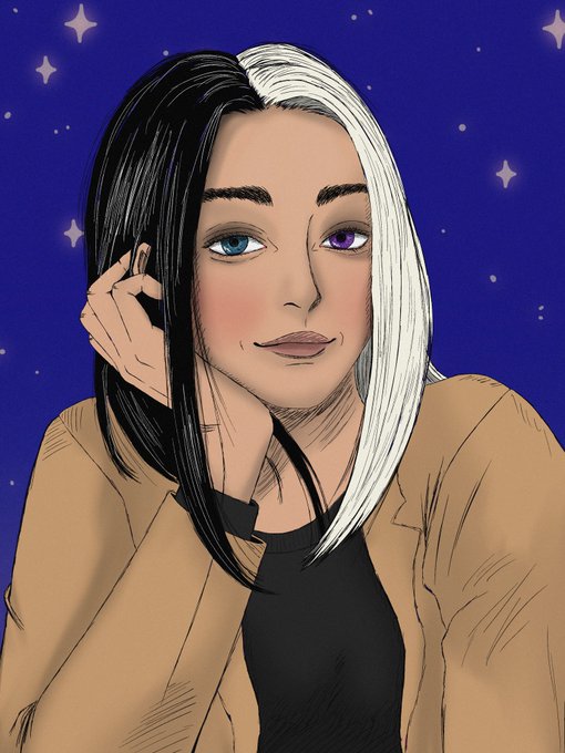 The image features a woman with blue eyes wearing a brown jacket and posing for the camera. The background includes stars, creating an artistic and dreamy atmosphere. Below the woman's head, there is text that reads "Hey everyone, just a reminder that I'M hosting a contest with a prize pool of XTZ—join in!". This suggests that the image might be related to a contest or event where participants are required to share their artwork on social media platforms for a chance to win a prize.