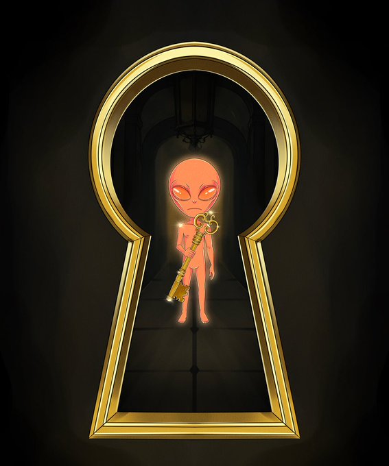 Cartoon illustration of a small orange alien character holding a golden key, framed within a keyhole shape on a dark background.