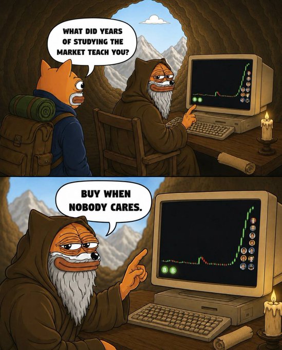 A traveler asks a hooded, bearded hermit "What did years of studying the market teach you?" and the hermit, sitting at an old computer showing a sharply rising green chart, replies "Buy when nobody cares" — fitting the post's theme that contrarian investors who act early are "never wrong, just early."