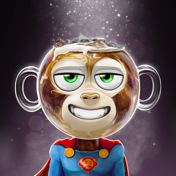 a cartoon-style character with green eyes, wearing a blue and red superhero costume, set against a sparkly purple background