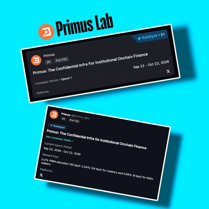 Two tweets from @primus_labs about a 'Katalyst' campaign for 'Primus: The Confidential Infra for Institutional Onchain Finance' running from Sep 22 to Oct 22, 2026.