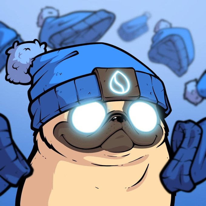 A digital illustration of a cartoon dog wearing a blue beanie with a glowing SUI logo patch and glowing white glasses, with other similar dogs visible in the blue background.