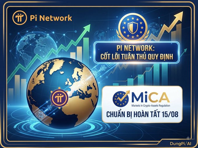 A promotional graphic for Pi Network featuring the text 'PI NETWORK: CỐT LÕI TUÂN THỦ QUY ĐỊNH' and 'MiCA - Markets in Crypto-Assets Regulation, CHUẨN BỊ HOÀN TẤT 15/08', with a golden globe and green growth chart in the background.