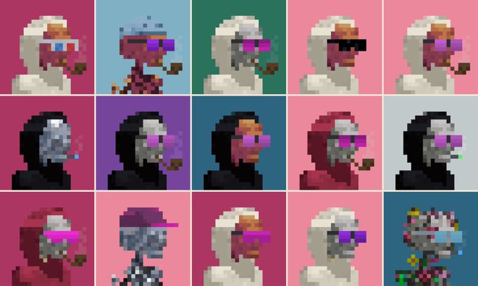 A 3x5 grid of pixel art portraits featuring hooded figures in various colors (white, black, red) smoking and wearing purple sunglasses, with one figure at the bottom right depicted as a skeleton with flowers.