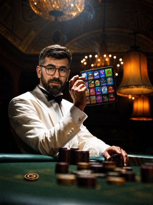 A well-dressed man at a casino poker table, smoking a cigar and holding up a tablet displaying various slot machine icons, visually reinforcing the "Be the Boss" gambling empire-building promotion from sharker.com.