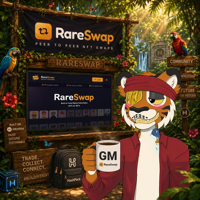 A promotional graphic for 'RareSwap - Peer to Peer NFT Swaps' built on Hedera, featuring an animated tiger character with a red headband holding a 'GM' coffee mug in a jungle setting with macaws.