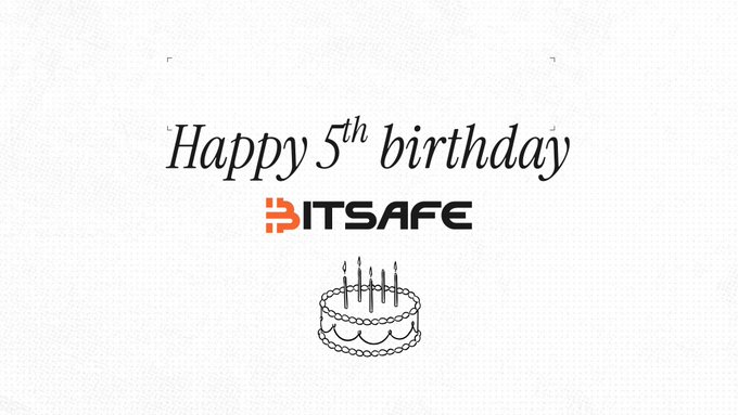 A graphic celebrating Bitsafe's 5th birthday, featuring elegant text and a simple line drawing of a birthday cake with candles.