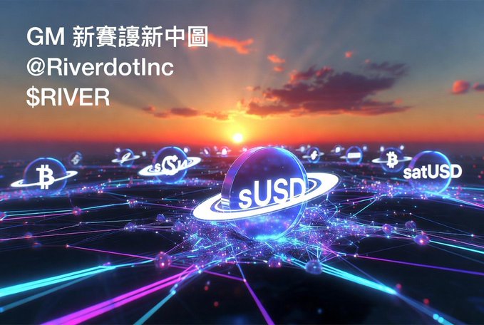 The image features a sunset with a large blue circle containing multiple planets, each labeled with different cryptocurrency symbols such as Bitcoin, SatUSD, and USDC. The caption of the image reads "GM Morning vibes with @RiverdotInc & $RIVER chain-abstraction stablecoins & satUSD".