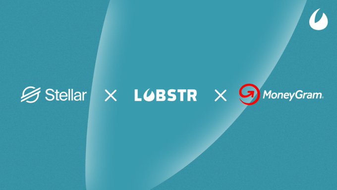 The image features a blue background with white text that reads "Stellar, LOBSTR and MoneyGram may have solved one of crypto's oldest problems: access. Cash in. USDC on Stellar. Cash out. No bank account required. Cash just went on-chain. For years, crypto promised global access. But for millions of people, the biggest barrier was never". The image is related to a post that talks about how Stellar and Lobstr are collaborating with MoneyGram to create a new way to send money using cryptocurrency.