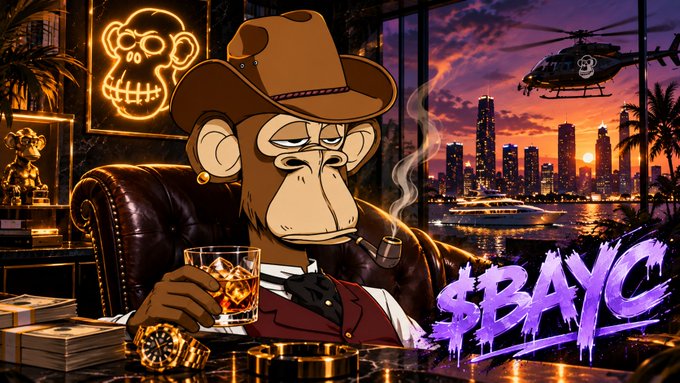 An illustration of a Bored Ape Yacht Club character wearing a brown cowboy hat and suit, smoking a pipe and holding a whiskey glass, with a neon skull sign, helicopter, and city skyline in the background, featuring '$BAYC' text.