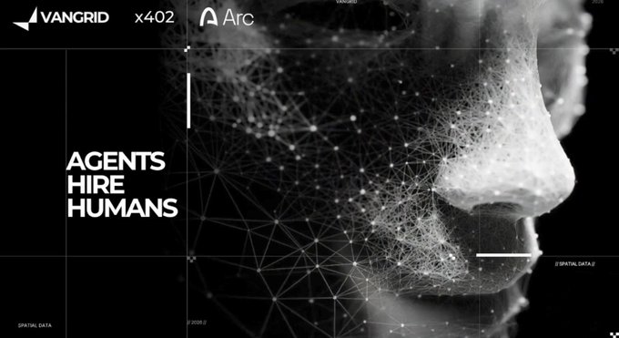 A dark, futuristic graphic features a wireframe human face dissolving into particles, with the text 'VANGRID x4Q2 Arc', 'AGENTS HIRE HUMANS', and 'PARTIAL DATA / SPATIAL DATA'.