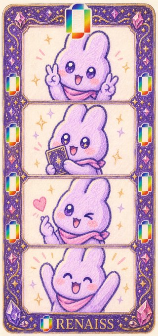 A decorative purple tarot card features a cute cartoon bunny character showing peace signs, holding a card, blowing a heart, and cheering, with the text 'RENAISS' at the bottom.