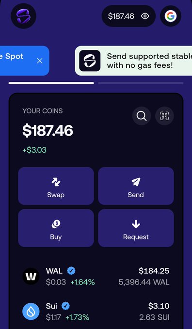 A screenshot of a cryptocurrency wallet app displaying a portfolio value of $187.46, including holdings in WAL (+1.64%) and Sui (+1.73%), with buttons for Swap, Buy, Send, and Request.