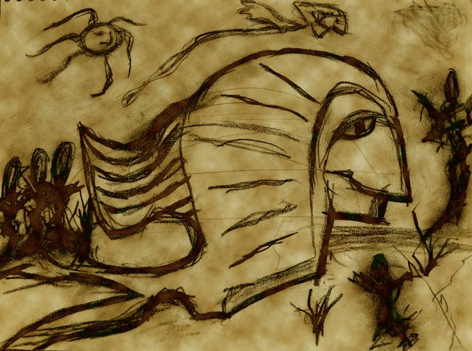 The image features a drawing or painting that depicts an animal, possibly a bird or a fish, with a face and head. The artwork has a brown color scheme, giving it a vintage appearance. The artist's signature can be seen at the bottom of the image. The post also mentions that GM Will accepts payment for art, which suggests that this piece might have been sold to someone who appreciated its artistic value or wanted to own a unique piece of art.