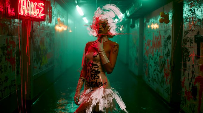 An AI and digital painting titled "Background Looks" featuring a woman in a futuristic, feathered outfit standing in a teal-lit, graffiti-covered hallway. A bright red neon sign reading "ORANGE" glows in the upper left corner.