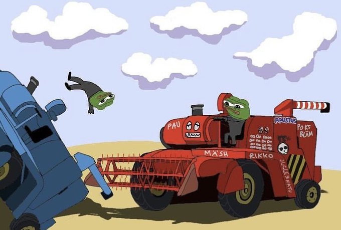 A cartoon scene featuring a red combine harvester with 'MA$H' and other labels chasing a blue vehicle, with a person being thrown into the air against a sky with white clouds.