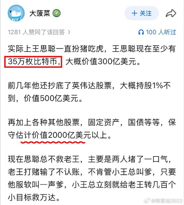 A Chinese social media post by user '大菠菜' discussing Wang Sicong's cryptocurrency holdings, highlighting with a red box that he owns '35万枚比特币' (350,000 Bitcoin) and estimating his total assets at over 200 billion USD.