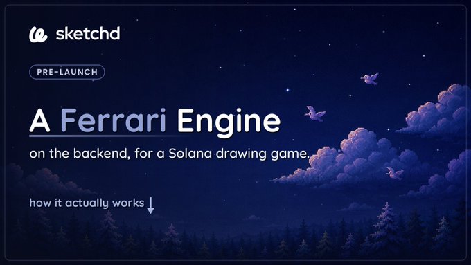 A Sketchd pre-launch promotional image featuring 'A Ferrari Engine on the backend, for a Solana drawing game' against a dreamy night sky with birds and clouds.
