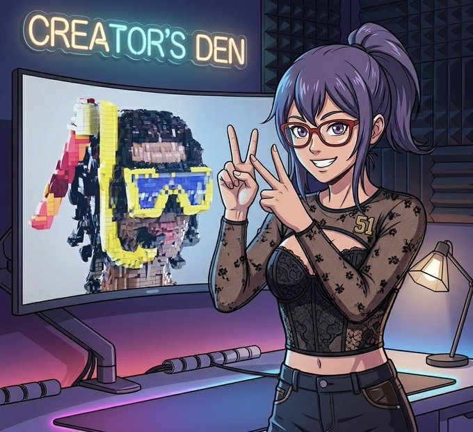 An anime-style illustration of a purple-haired woman with glasses making a peace sign in a neon-lit studio, with "CREATOR'S DEN" displayed above a screen showing a pixelated scuba mask character.