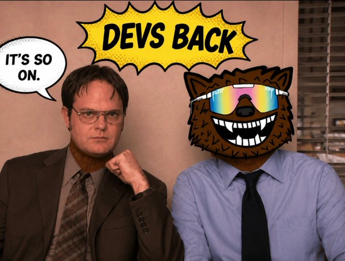 Two men sitting together; one looks like Dwight Schrute from The Office saying 'IT'S SO ON.' and the other has a cartoon bear with rainbow sunglasses face edited on with a speech bubble saying 'DEVS BACK'.