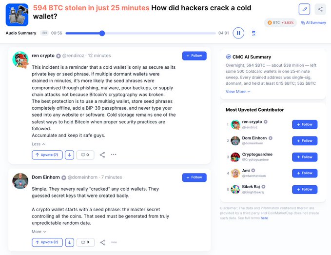 Screenshot of a CoinMarketCap community discussion page titled "594 BTC stolen in just 25 minutes: How did hackers crack a cold wallet?" featuring posts by ren crypto and Dom Einhorn explaining that the private keys were likely guessed rather than cracked, alongside an AI summary noting 594 BTC ($38M) drained from 500 coldcard wallets in a 25-minute sweep.