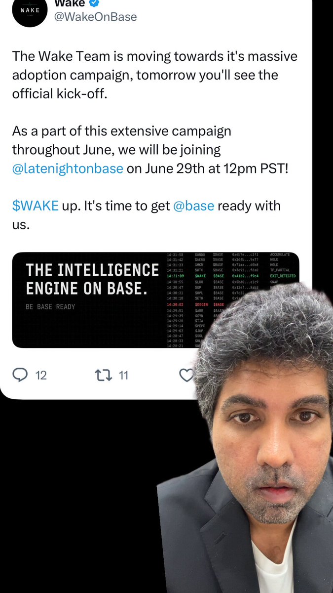 In the image, a man wearing a suit stands next to his phone screen displaying a social media post from The Wake Team. The text of the post reads "The Wake Team is moving towards its massive adoption campaign, tomorrow you'll be able to see the official kick-off." The man's face is partially visible in the photo, and he appears to be looking at the camera while reading the message on his phone screen.

The image also contains a caption that says "Focus on what is in the image and how it relates to the post". This suggests that the main focus of the image should be on the social media post by The Wake Team, rather than other elements in the scene.