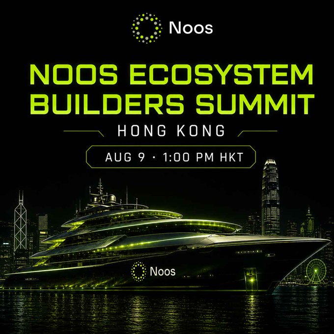 Promotional graphic for the "Noos Ecosystem Builders Summit" in Hong Kong on Aug 9 at 1:00 PM HKT, featuring a futuristic yacht emblazoned with the Noos logo against the Hong Kong skyline. The nautical "sets sail" theme in the caption ties directly to the sleek cruise ship imagery dominating the harbor scene.