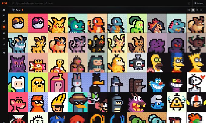 A pixel art NFT marketplace interface displays a colorful grid of various pixel art characters and creatures, including Pokemon, Simpsons characters, and other pop culture figures, with a search bar at the top.