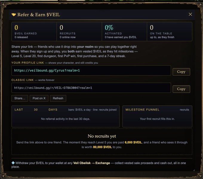 A 'Refer & Earn $VEIL' dashboard interface showing 0 earned, 0 recruits, 0% activated, with referral links for veilbound.gg.