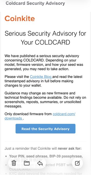 A Coinkite 'Coldcard Security Advisory' page with a heading reading 'Serious Security Advisory for Your COLDCARD' and a blue button labeled 'Read the Security Advisory'.