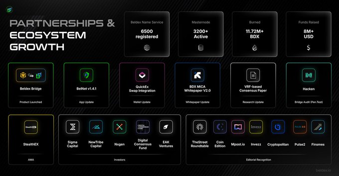 A cryptocurrency infographic titled 'PARTNERSHIPS & ECOSYSTEM GROWTH' displaying stats like '6500 registered' Beldex Name Service, '3200+ Active' Masternodes, '11.72M+ BDX' Burned, and '8M+ USD' Funds Raised, with logos for partners like Beldex Bridge, QuickEx, and Signal Capital.