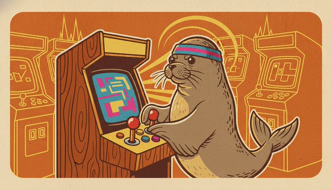 A retro-style illustration of a seal wearing a colorful headband, playing an arcade cabinet in an arcade with '80s' visible on another machine.