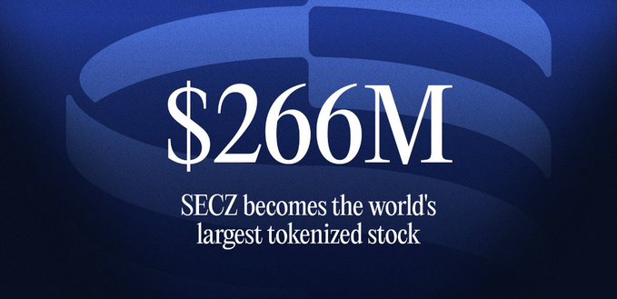 A blue promotional graphic announcing "$266M" with the text "SECZ becomes the world's largest tokenized stock."