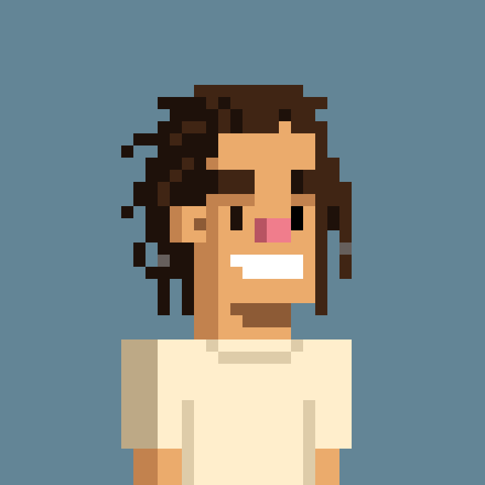Pixel art portrait of a person with dark brown hair, pink nose, and white teeth wearing a cream-colored shirt against a blue background.