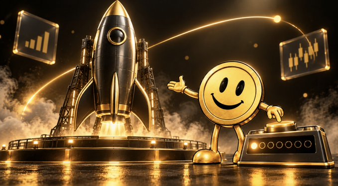 A 3D digital illustration of a golden rocket ship on a launchpad next to a smiling golden coin character pointing to a machine, with floating screens displaying financial charts against a dark background.