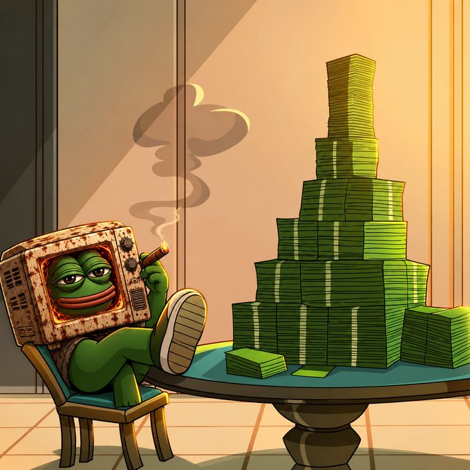 A cartoon illustration of a green Pepe the Frog character with a rusty television for a head, smoking a cigar while lounging next to a tall stack of green money.