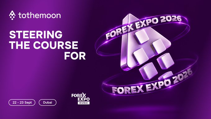 A promotional banner for tothemooin announces 'STEERING THE COURSE FOR FOREX EXPO 2026', taking place 22-23 Sept in Dubai, featuring a 3D silver pyramid logo.