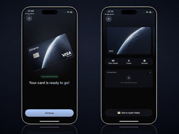 Two iPhone screens displaying the Ethena Visa crypto card app, with one showing "Successfully verified, Your card is ready to go!" and the other revealing card details (ending 5522), transactions tab, and an "Add to Apple Wallet" button—illustrating the newly launched Ethena money app running on Avalanche.